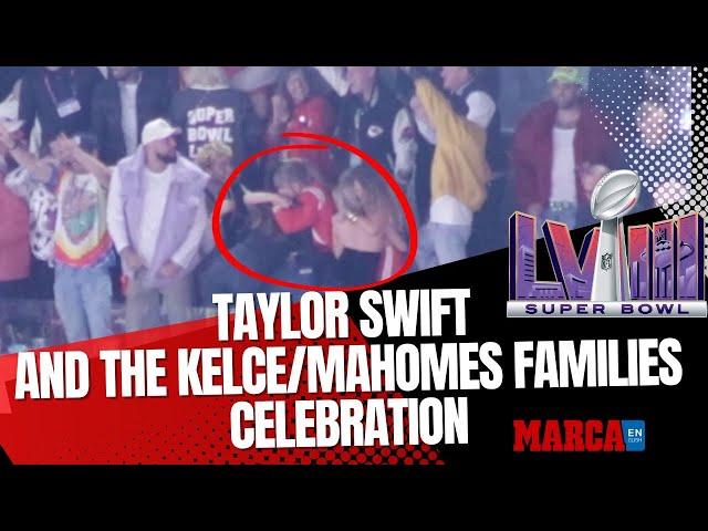 Taylor Swift & the Kelce/Mahomes families celebrating wildly after the Chiefs' Super Bowl-winning TD