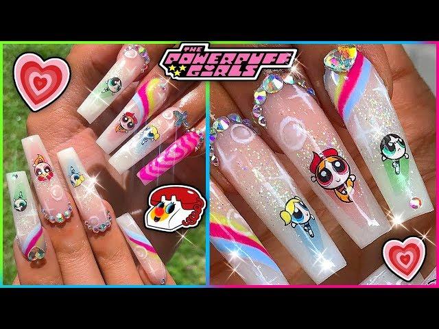 PowerPuff Girls Acrylic Nails! Long Ombre Coffin Glitter Bling