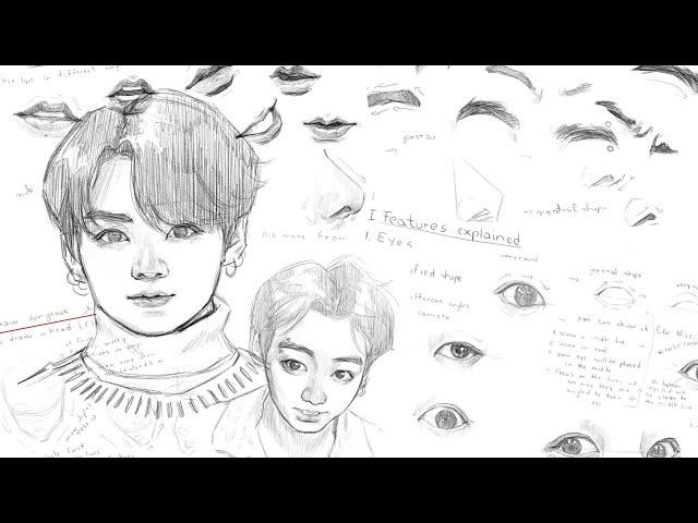 How to draw Jungkook \\ Features Explained + drawing a face + 3 Jungkook Skeches \\ Drawing Tutorial