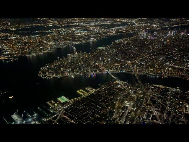 Spectacular night approach to New York City followed by landing at LaGuardia Airport (LGA) runway 22