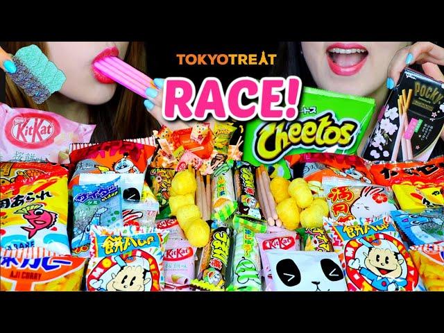 ASMR JAPANESE SNACKS RACE EATING COMPETITION (CHOCOLATE, KITKAT, MARSHMALLOW, POCKY, GUMMY, CHEETOS