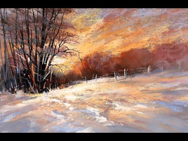 A Winter Sunset Pastel Painting - Impressionistic Winter Landscape Painting