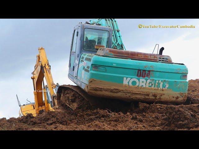 Excavator Kobelco Sk200 Stuck Mud & Excavator Digging Working Building New Canals.