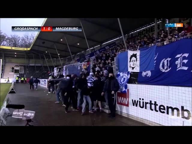 Magdeburg fans break the fence due of banner, which took security 21.11.2015