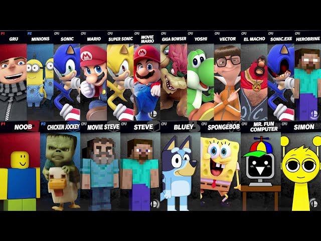 Sonic vs Mario vs Chicken Jockey vs Sprunki vs Movie Steve vs Roblox | Super Smash Bros Ultimate