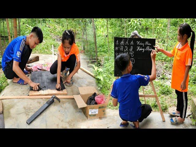 Two very smart orphans made blackboards by hand to teach each other to read and write.