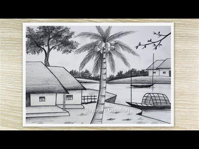 How to Draw Village Scenery with Pencil Sketch, Nature Pencil Drawing for Beginners