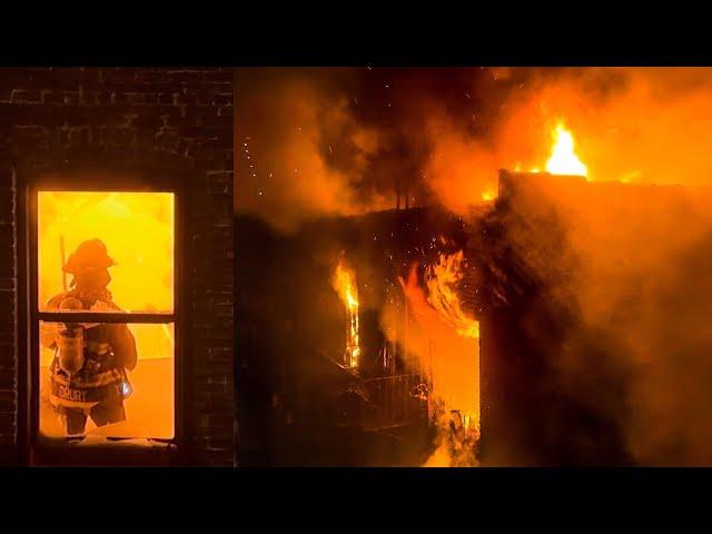 **HEAVY FIRE Top Floor & Thru Roof** FDNY Battles MAJOR 3-ALARM Blaze [ Manhattan 3-3 Box 1728 ]