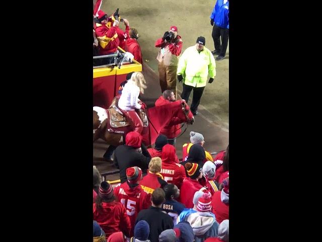 Kansas City Travel Video. KC Chief’s Horse Warpaint on Field After Chief’s Score Arrowhead Stadium.