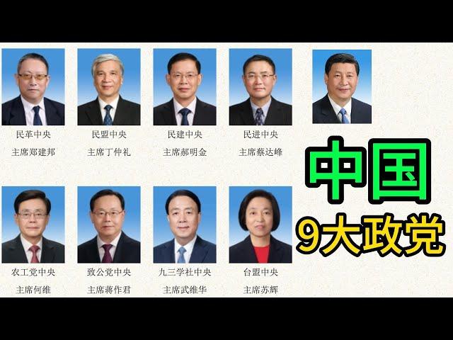 中国9大政党 。｜民革｜民盟｜民建｜民进｜农工党｜致公党‌｜九三学社｜台盟｜中国国民党革命委员会｜‌中国民主同盟｜‌中国民主建国会｜｜‌中国农工民主党｜‌中国致公党｜‌九三学社‌｜‌台湾民主自治同盟｜