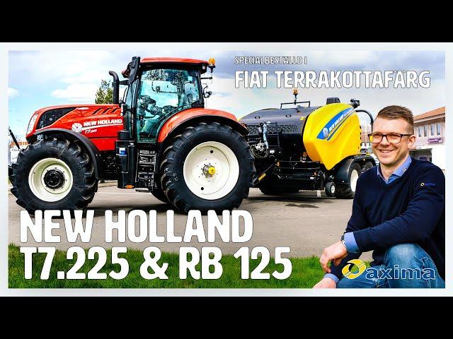 Staffan visar New Holland T7.225 i Fiat terrakottafärg, och New Holland RB 125