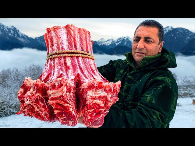 Chef Tavakkul Cooks Tied Together Juicy Ribs with Vegetables in Oven