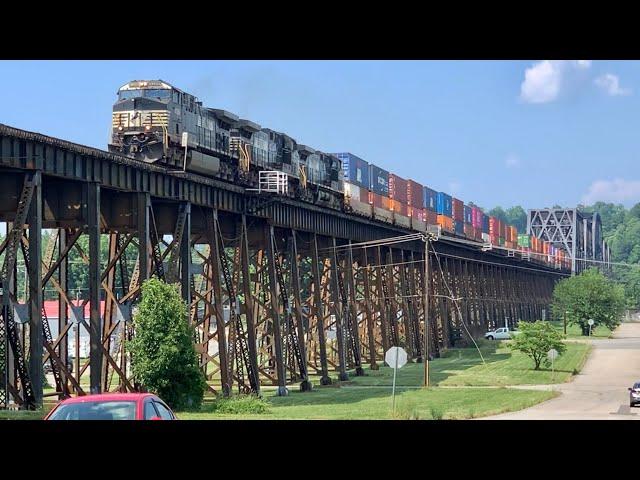 Trains Passing On Gigantic Bridge With View From Top, Coal Trains Under, Big Intermodal Flying Past!