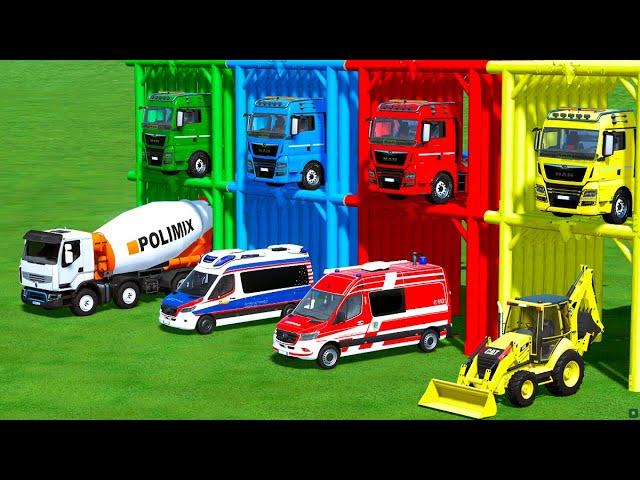 GARAGE OF COLORS ! TRANSPORTING MIXER TRUCK, AMBULANCE, LOADER WITH COLORED TRUCKS ! FS 22 !