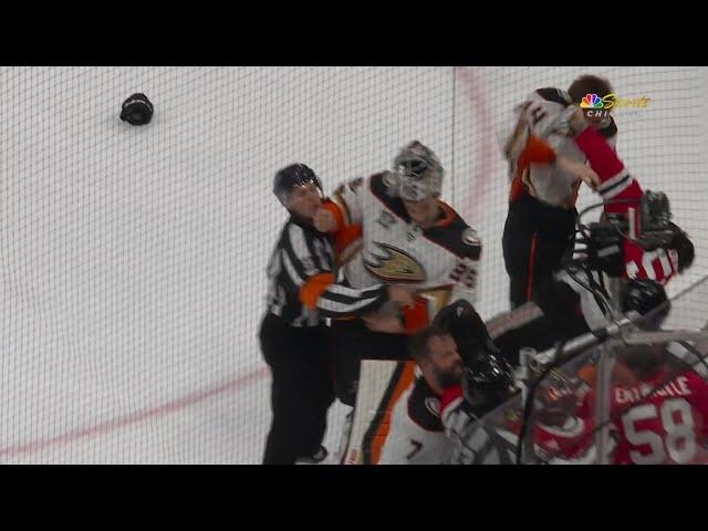 John Gibson Wants A Piece Of Petr Mrazek During Chicago Blackhawks Vs Anaheim Ducks Scrum