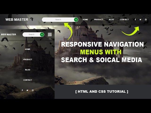 Transparent responsive navigation menus with  search box and social media