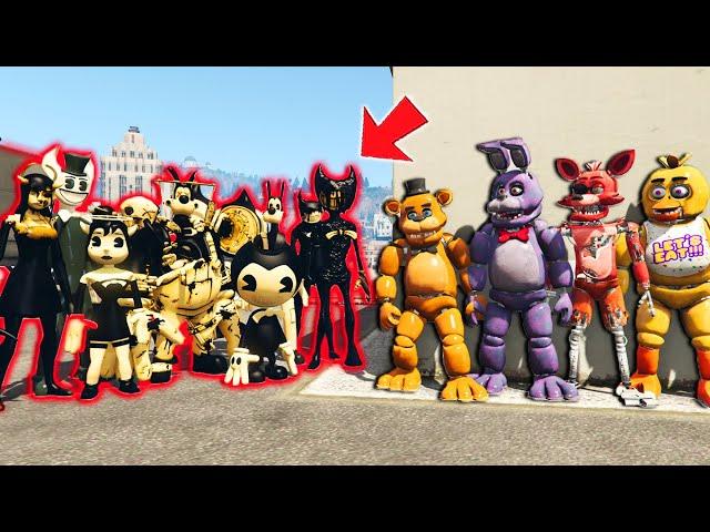 FNAF 1 ANIMATRONICS vs ALL BENDY & THE INK MACHINE CHARACTERS! (GTA 5 FNAF Mods)