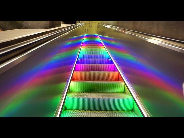 Sweden, Stockholm Central subway station, rainbow escalator, walkalator and elevator ride