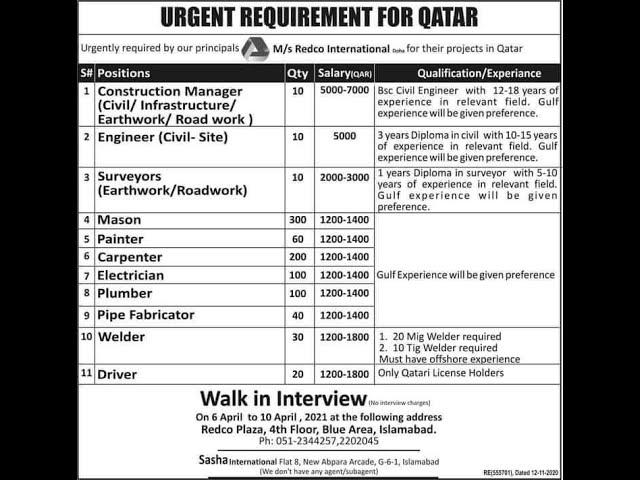 Urgent Requirements in Qatar at Redco International 800 worker needed on urgent basis