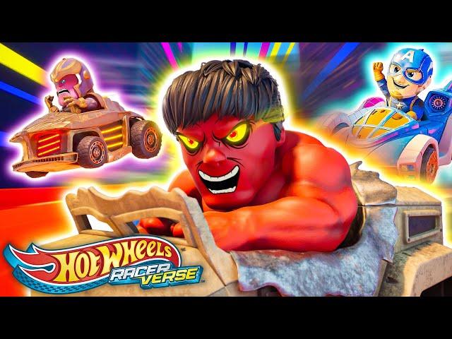 Red Hulk Car vs. Thanos Car Smash and Crash! | Marvel Character Cars in the Hot Wheels Racerverse