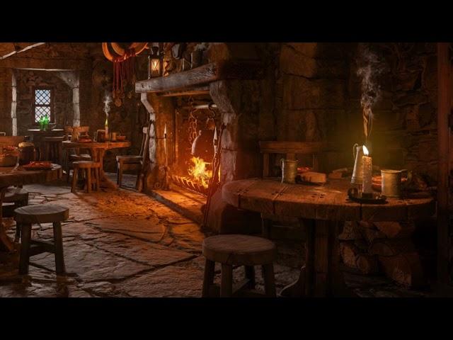 Tavern Harp Music Fireside Crackling | Medieval Tavern Ambience for Sleep, Relaxation, Study, Focus
