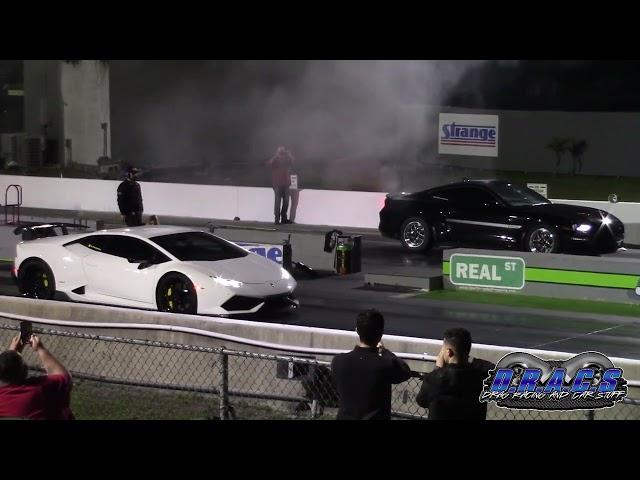 Supercharged Mustang GT vs Lamborghini Huracán and Hellcat Challenger Drag Races