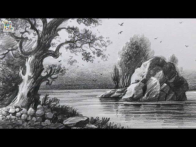 How to draw Lake in the forest Scenery Art | Pencil sketch and shading