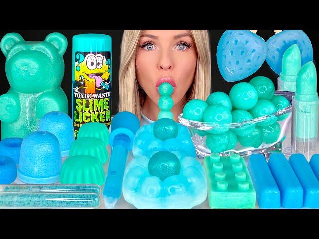 ASMR MUKBANG, Teal Blue Dessert, Edible Slime, Blue Raspberry Drink, Gummy Bear, Strawberry Wax 먹방