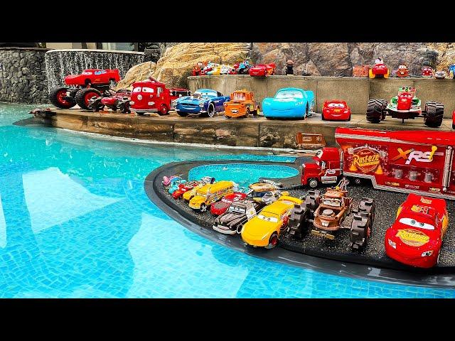 Disney Pixar Cars falling into deep pool, Lightning McQueen, Tow Mater, Mack, Sally, Francesco