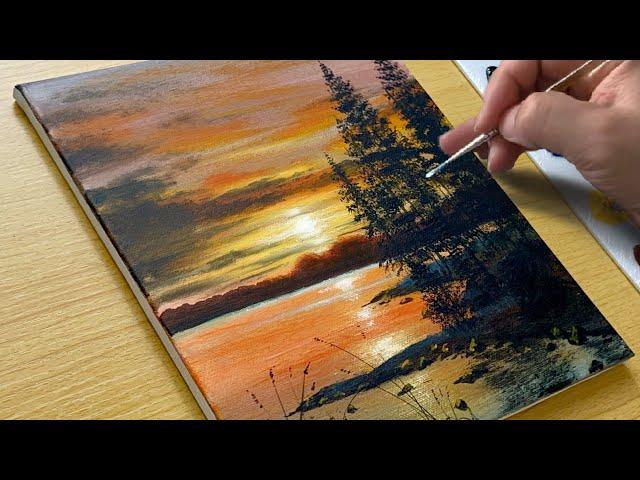 How to Draw a Sunset Lake / Acrylic Painting for Beginners