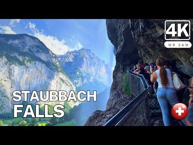 Visit of Staubbach falls in Lauterbrunnen , Switzerland's highest freefalling waterfall - 4K