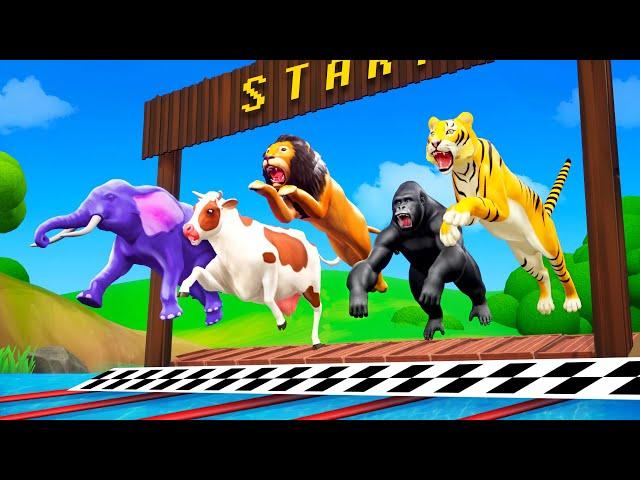 Zoo Animals Swimming Race - Elephant, Lion, Cow, Gorilla, Tiger, Fox | Funny Animals 3D Cartoons