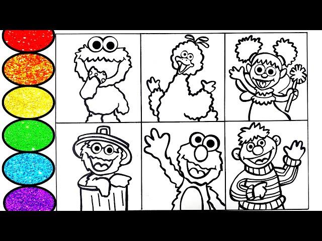 How to draw Sesame Street - Cookie Monster Elmo Abby and others- Glitter painting for kids