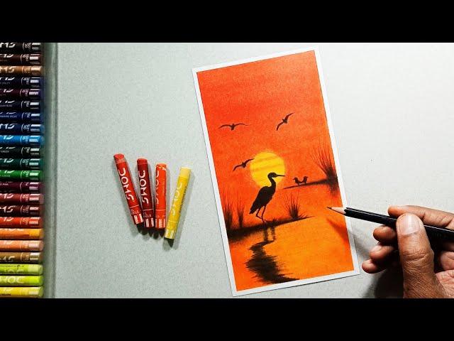 Day-5 || Easy Riverside Landscape Sunset Scenery Drawing || Sunset Painting || Oil Pastel Drawing