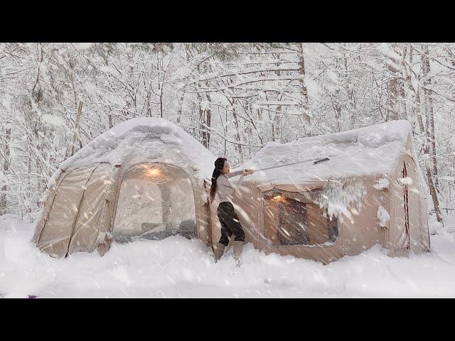 Camping Inflatable Luxury Tent Isolated For 3 Days Amid Heavy Snow [ ASMR ]