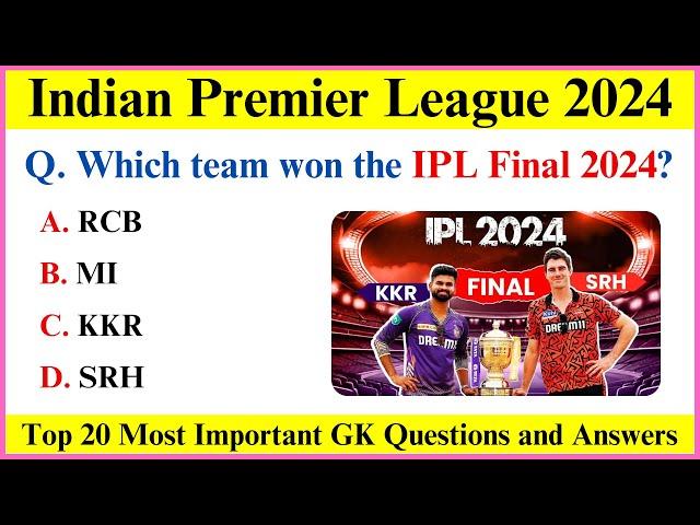 IPL Current Affairs 2024 | IPL 2024 GK Questions | Cricket GK Questions in English