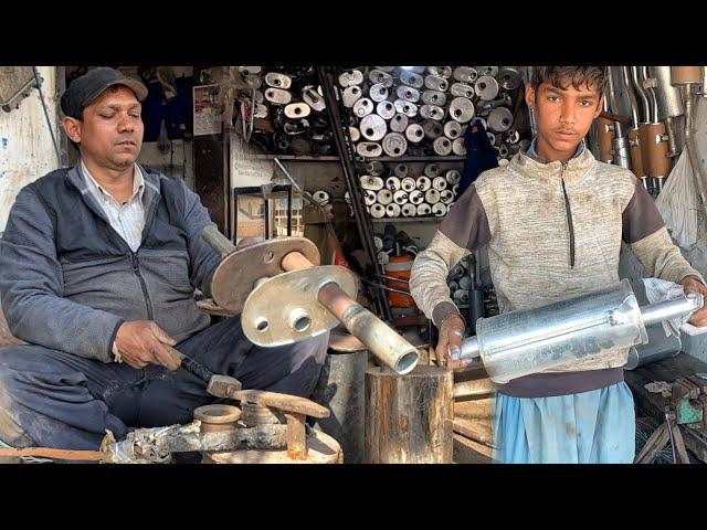 Watch how a chill mechanic make custom exhaust muffler with hand tools || DIY muffler replacement