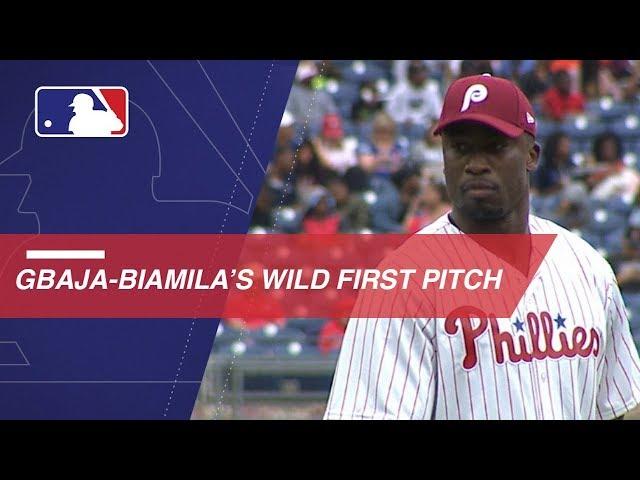 Akbar Gbaja-Biamila throws out an abysmal first pitch