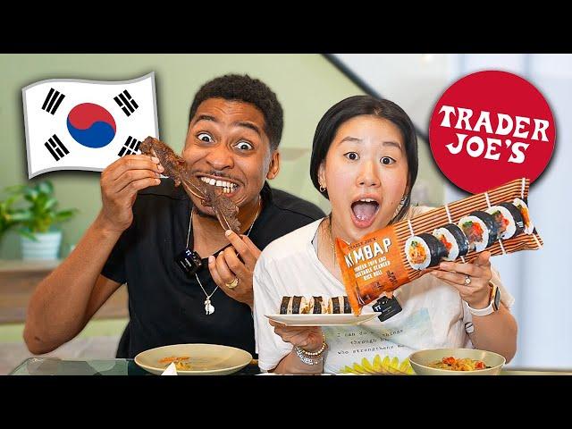 My Husband Tries Trader Joe's Korean Food For The First Time!