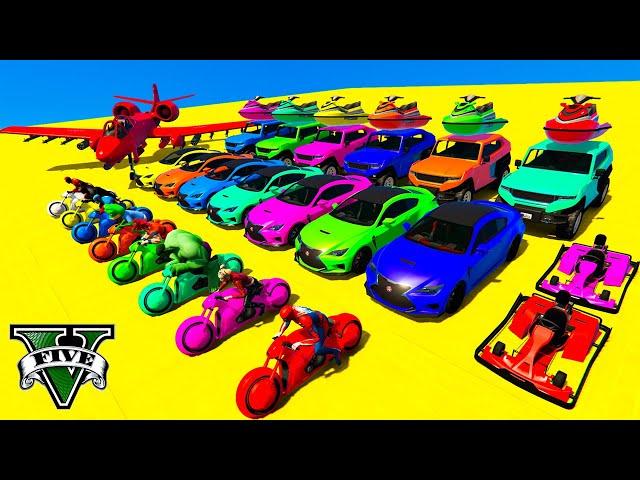 GTA V Spiderman Mega Ramp Boats, Cars, Motorcycle With Trevor and Friends Epic Stunt Map Challenge