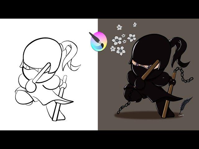 In-depth tutorial on how to Draw, Paint, Add highlights & shadows in Krita - Chibi Ninja