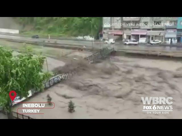 Bridge breaks under rushing flood waters in Turkey