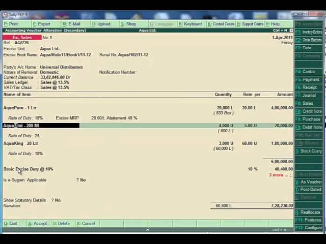 Sales Invoice with excise in Tally Erp9