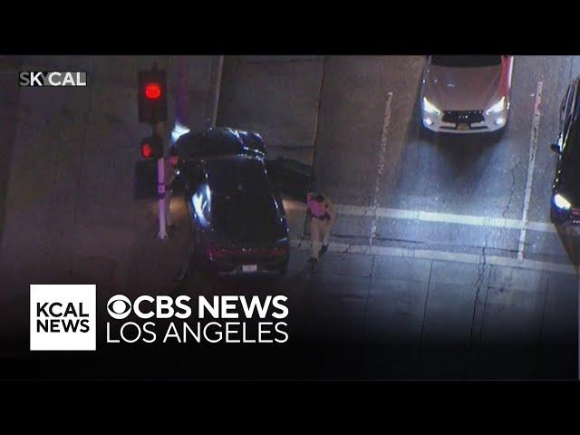 Driverless car hits downtown LA pole after suspect ditches it mid-pursuit