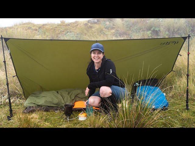 Wild Camping Under a Simple Tarp Shelter in Thick Cloud, Wind and Rain