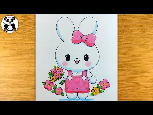 Cute bunny holding flowers drawing and colouring for kids | cute animals drawing ​⁠| kids learning