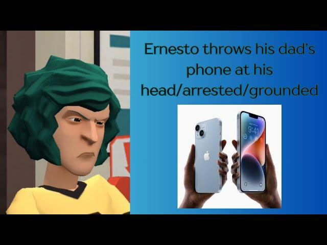 Ernesto throws his dad’s phone at his head/arrested/grounded