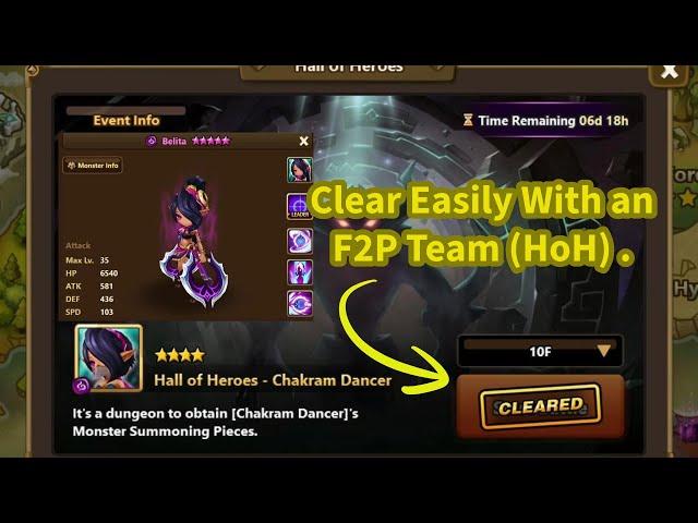 Summoners War: F2P Team for Dark Chakram Dancer Belita Hall of Heroes (FULL 10F Guide)