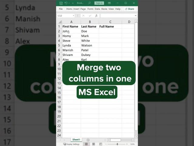 Merge OR Concatenate two columns in Ms Excel