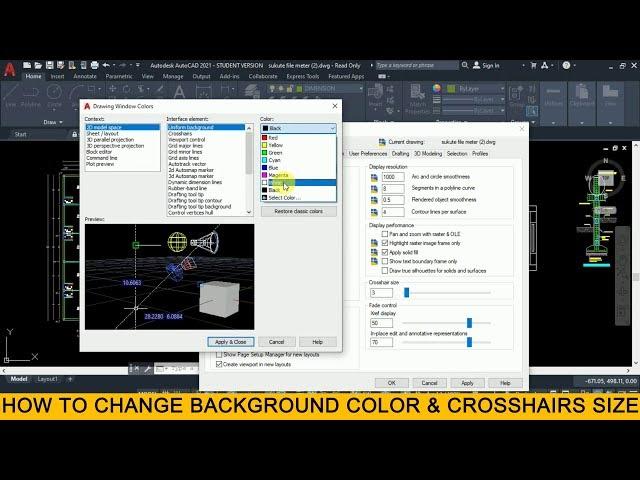 How to change Background Color & Crosshairs Size in AUTOCAD